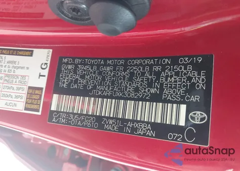 2019 Toyota Prius L Eco из США, поврежденный, VIN JTDKARFUXK3082972